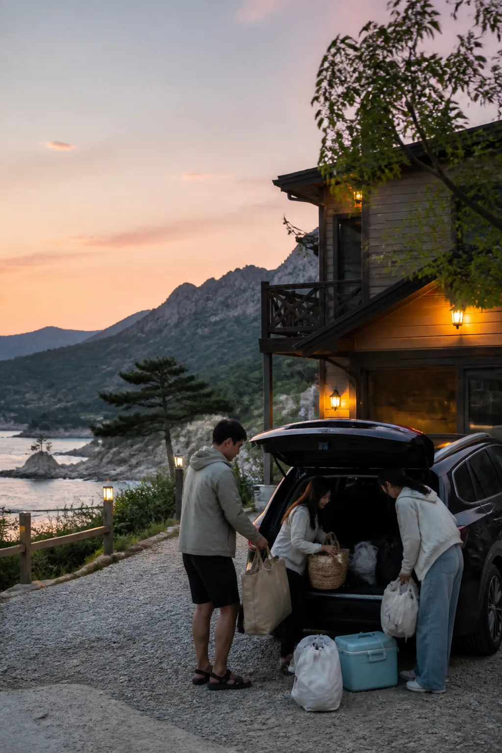 바다와 설악산 여행을 준비하며 속초펜션 앞에서 짐을 정리하는 여행객들