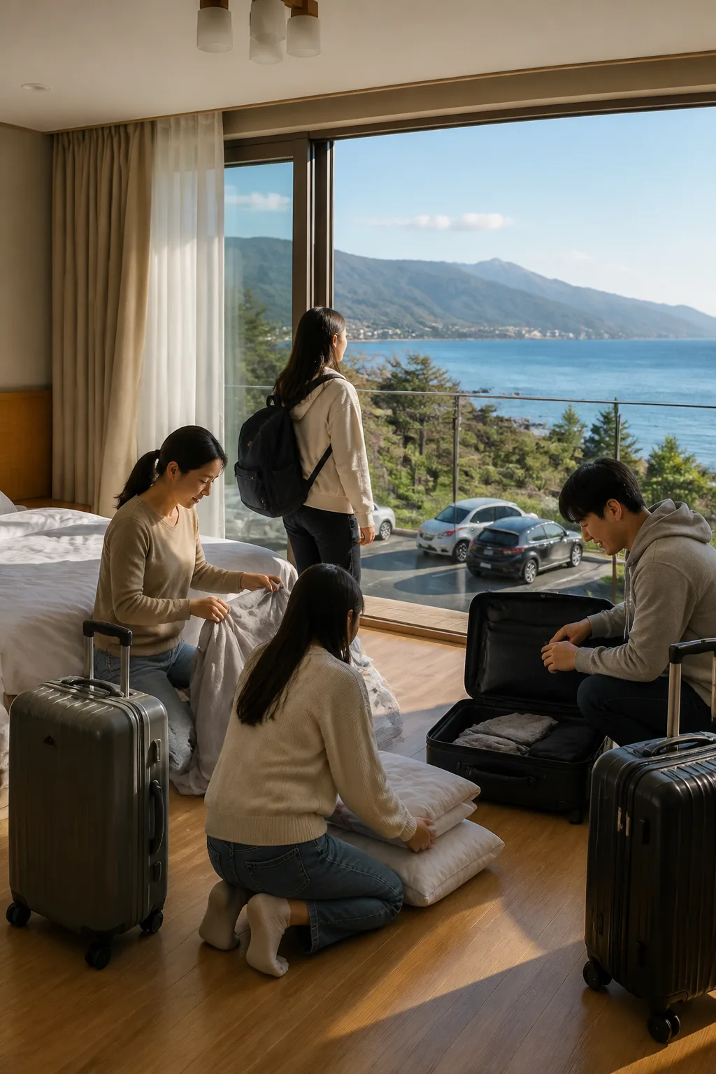 바다와 산 풍경을 배경으로 속초펜션 객실과 여행 짐을 확인하는 가족·친구 여행 장면