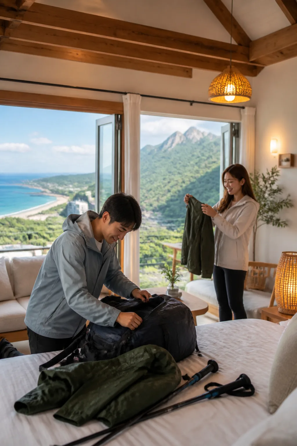 바다와 산 여행 뒤 젖은 장비를 정리하는 속초펜션 객실 모습
