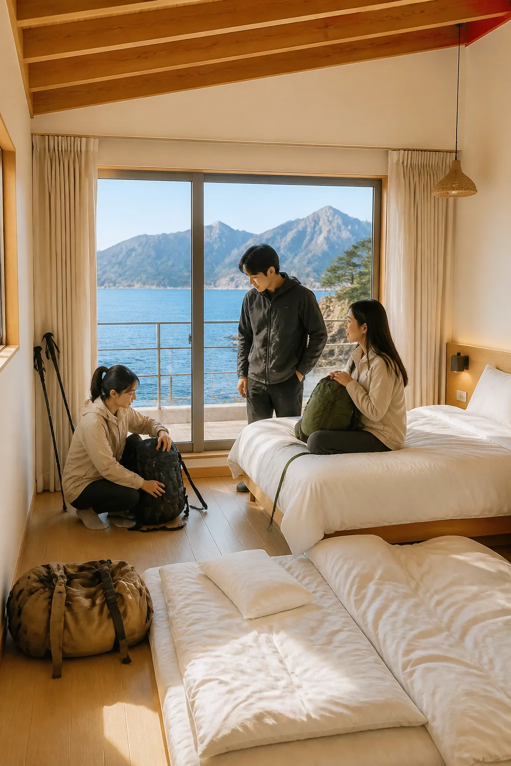 침대와 바닥 침구, 여행 가방을 확인하는 속초펜션 객실 내부