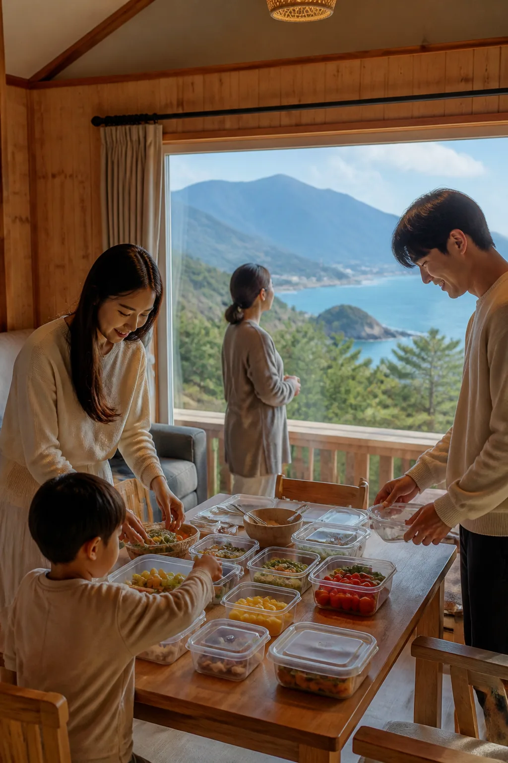 바다와 산이 보이는 객실에서 식사 준비를 하는 속초펜션 여행 장면