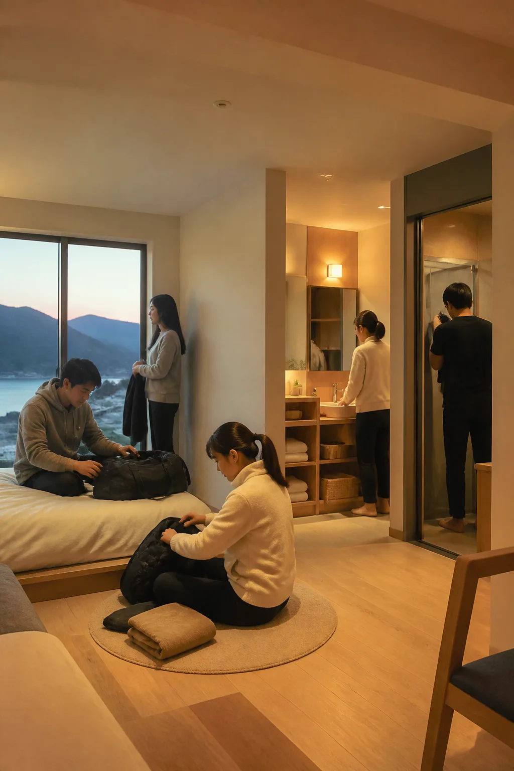 속초펜션에서 해안과 산악 여행 후 일행이 객실과 욕실 동선을 편하게 이용하는 모습