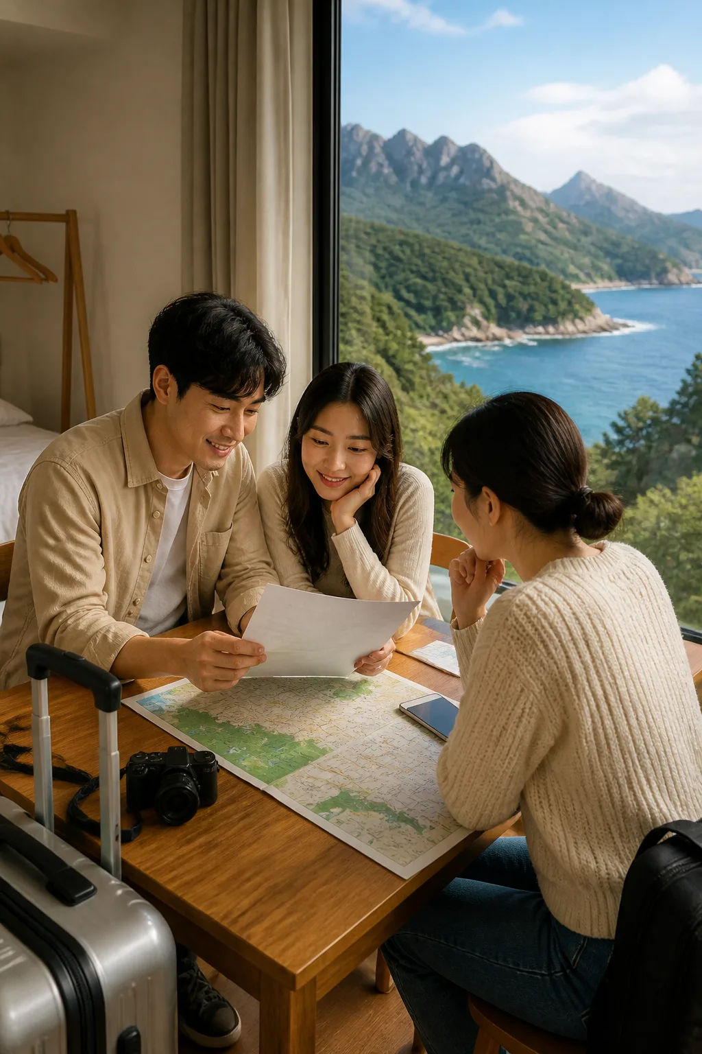 속초펜션에서 바다와 산 여행 조건을 확인하며 예약 메모를 정리하는 여행객